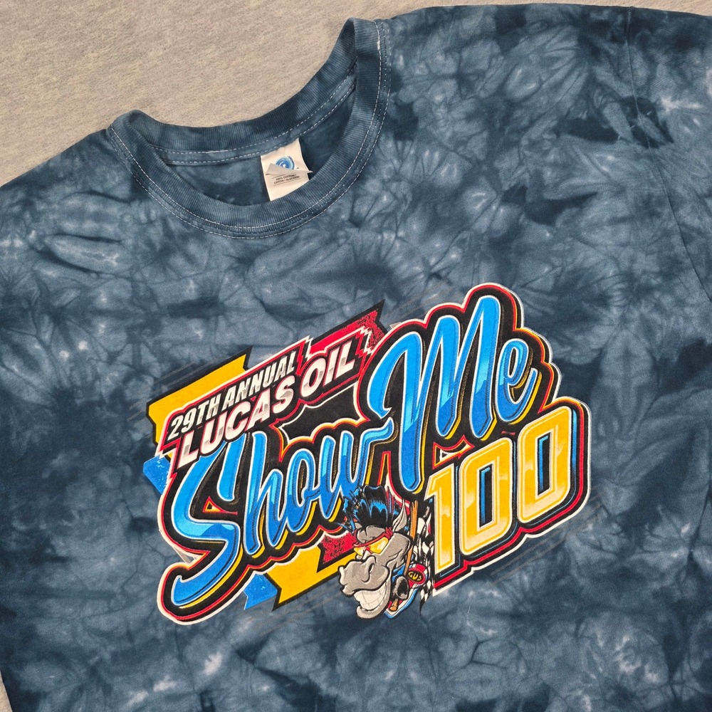 Colortone Mens Lucas Oil Show-Me 100 Racing Tie Dye Graphic T-Shirt Blue Large